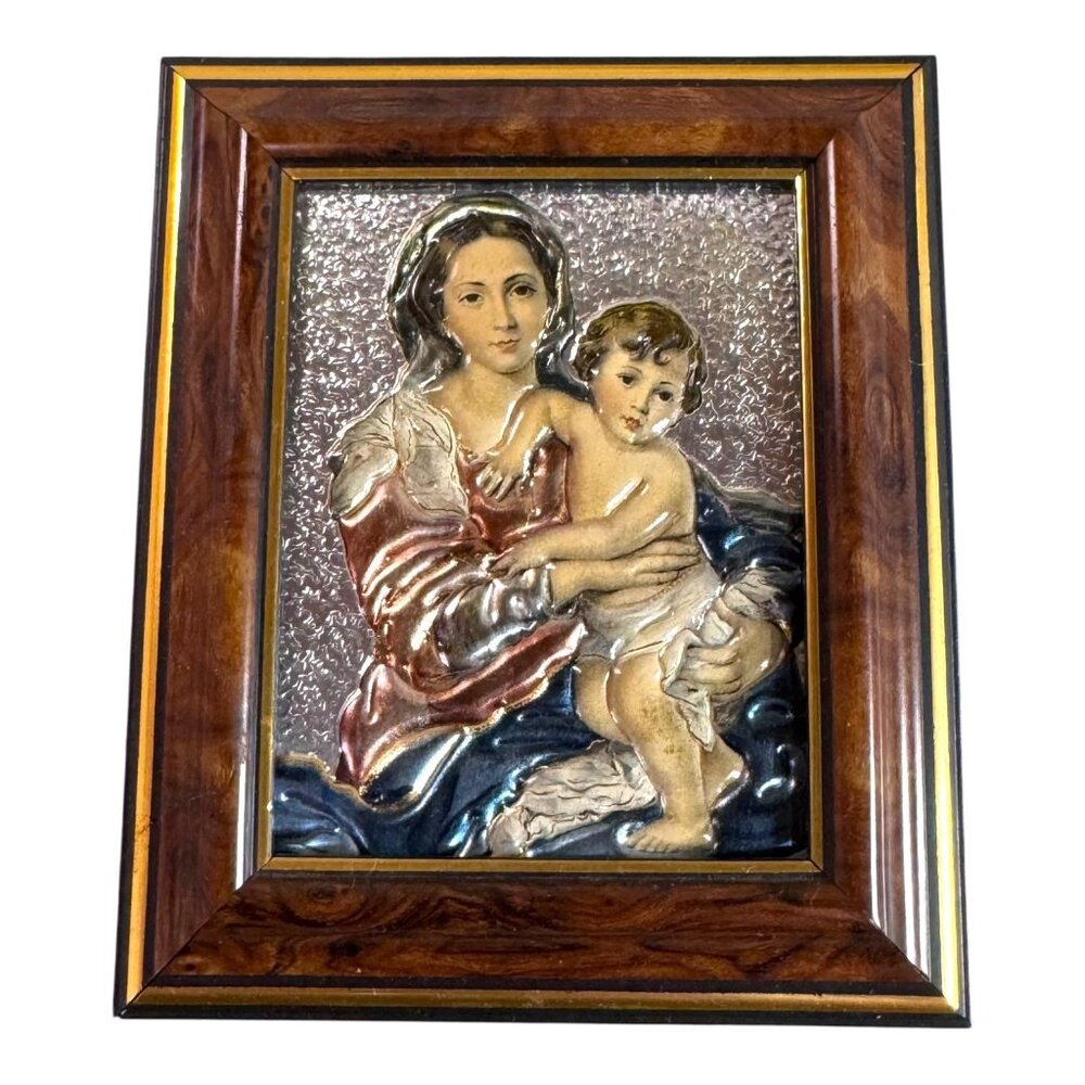 Madonna and Child Icon Virgin Mary Christ Jesus in Gold Foil 3D Religious Framed
